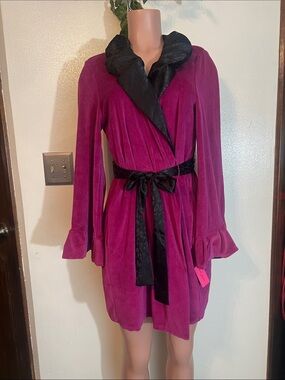 Betsey Johnson Magenta Velvet Robe with Black Satin Trim